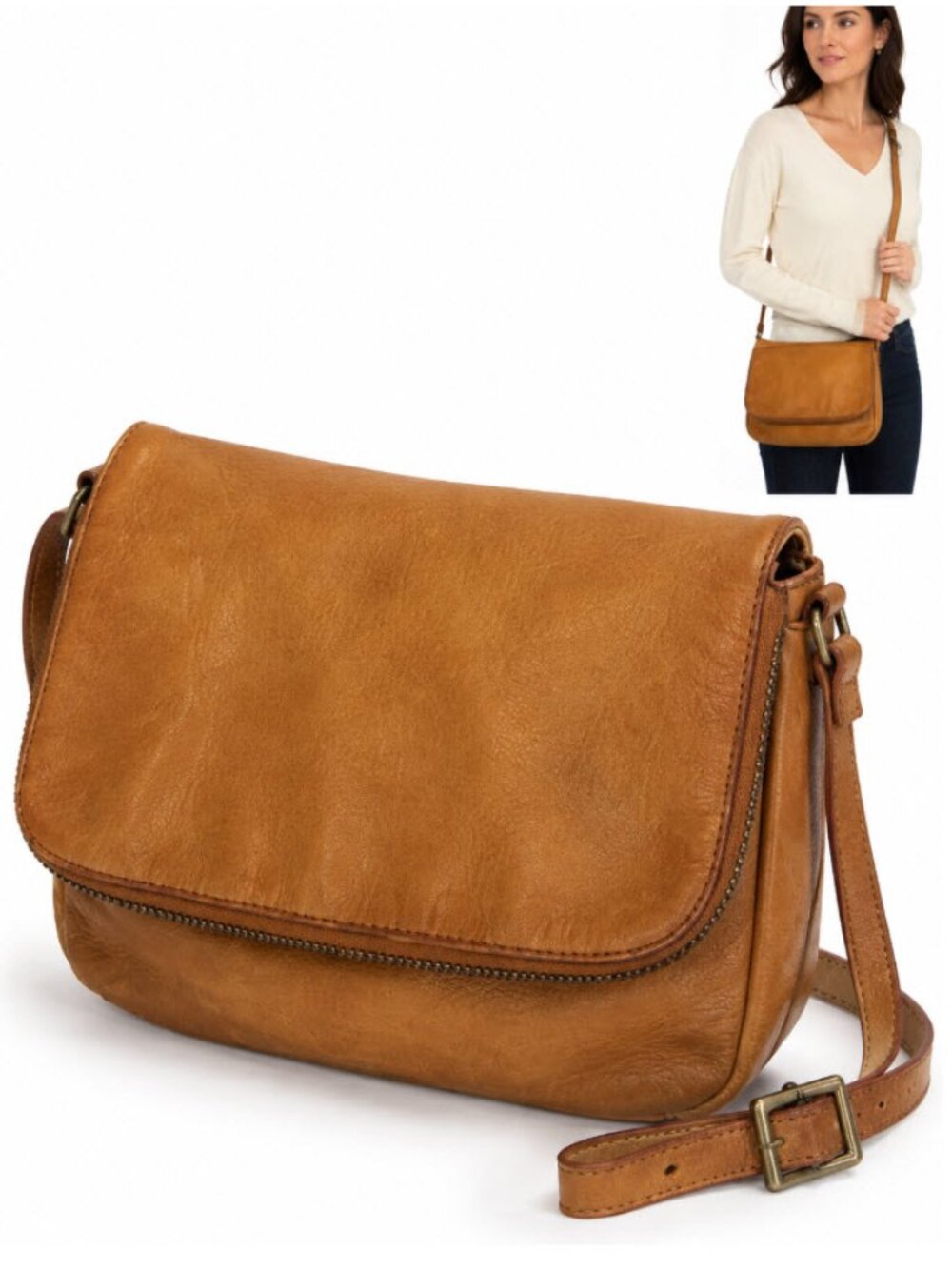 Margot New York Tan Leather Flap Crossbody Bag Adjustable Strap OS